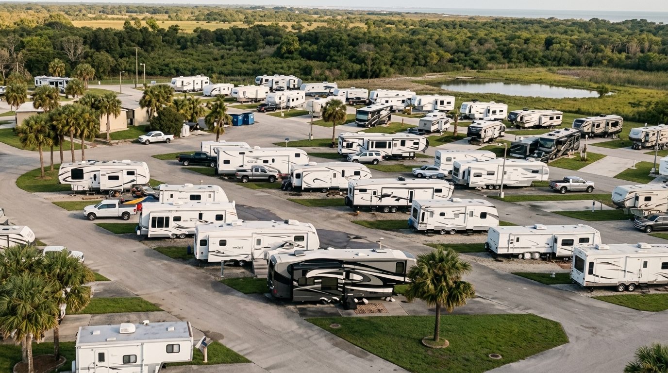 Aerial view of Galveston Bay RV Resort on Dickinson Bayou