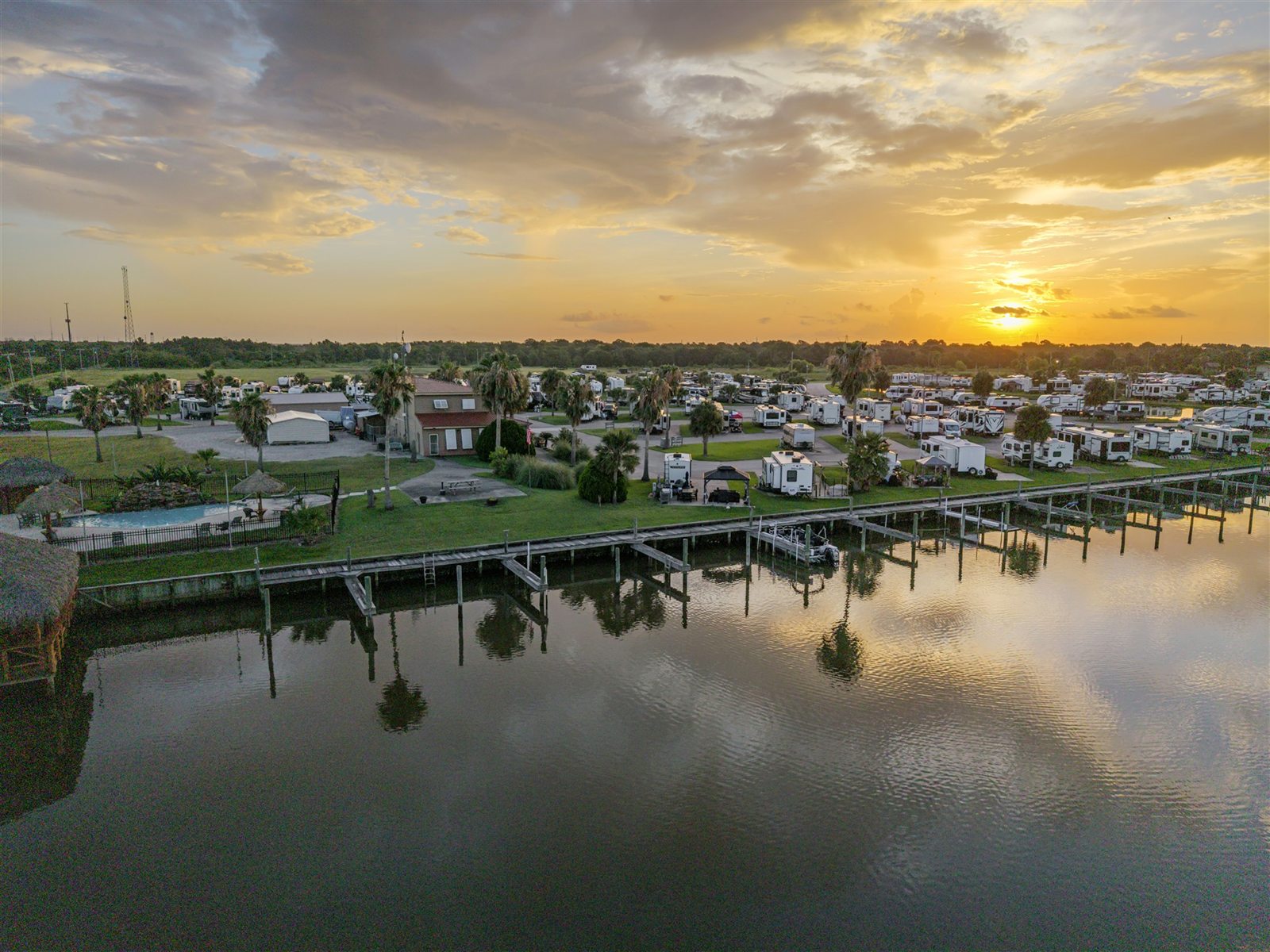 Waterfront RV Estates and Deepwater Marina at Golden Hour on Dickinson Bayou