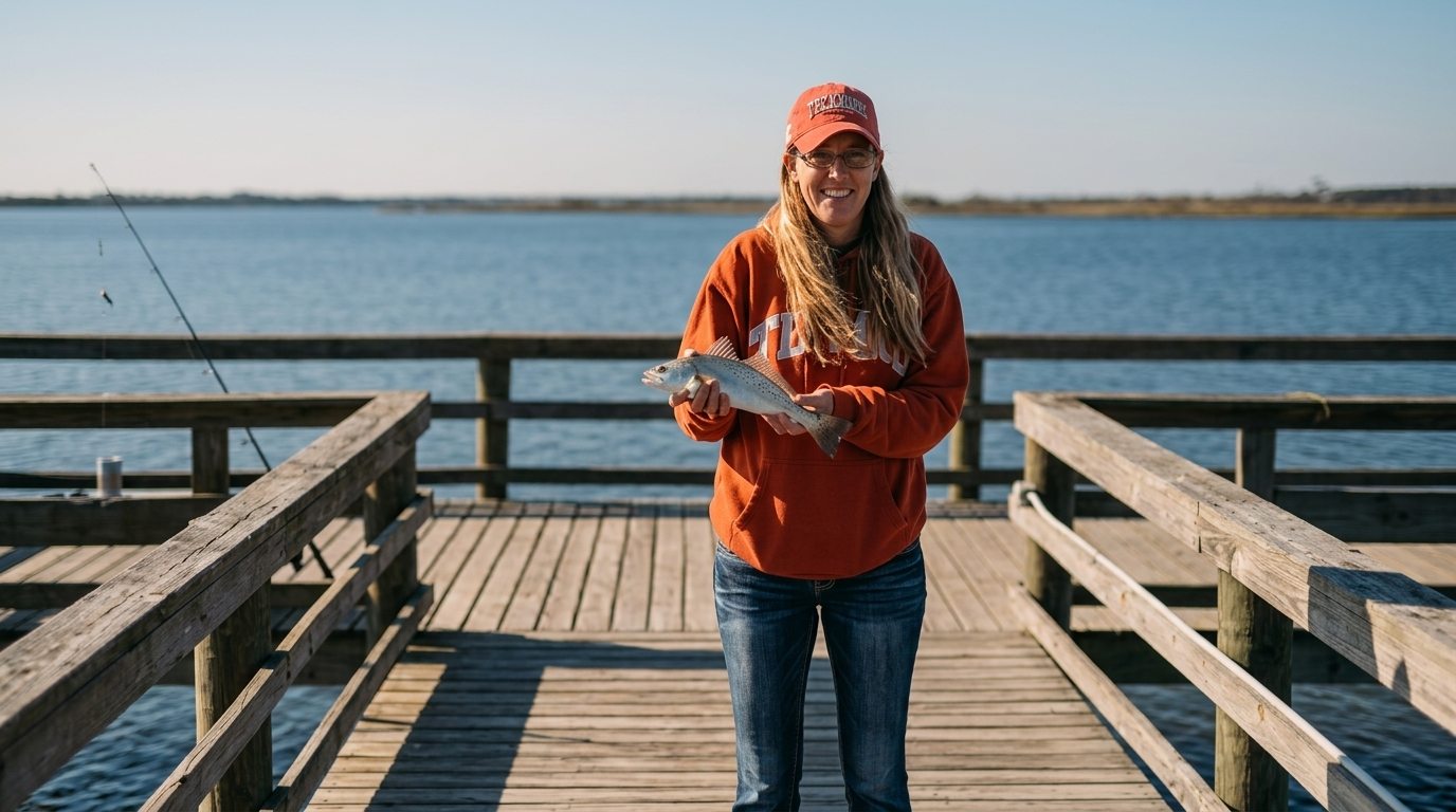 Night fishing landing speckled trout under pier-mounted green lights (resort guests only)
