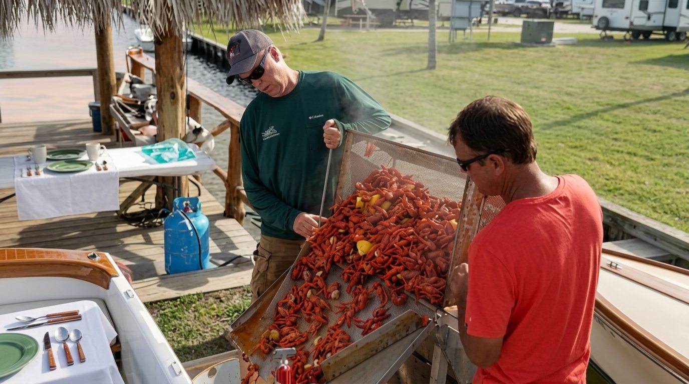 Gulf Coast community crawfish boil under overwater palapa pavilion